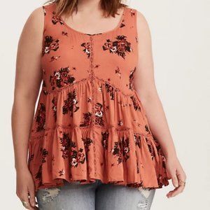 FLORAL PRINT CHALLIS LACE INSET TANK TOP Size 1 1X 1XL Coral